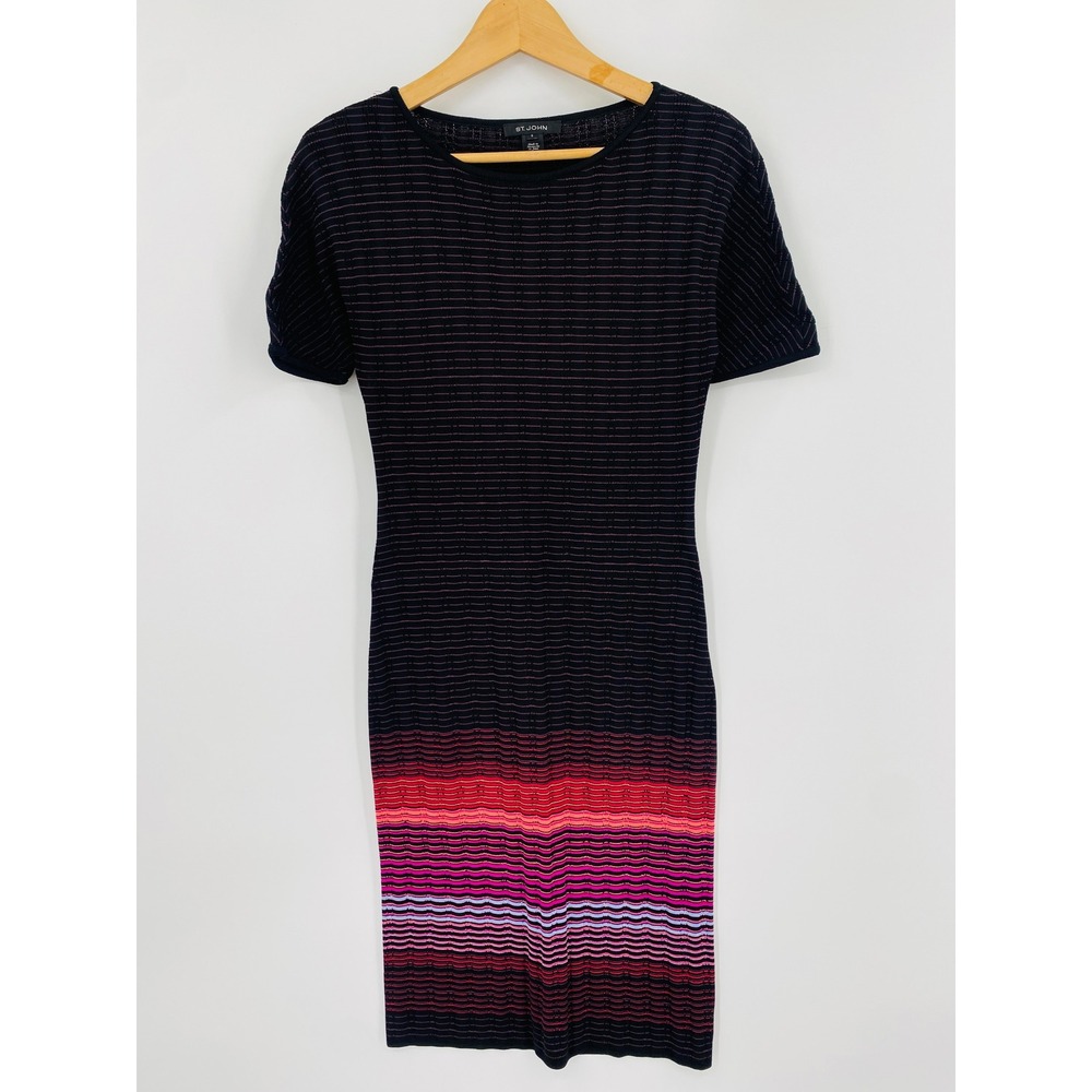 St. John Knit Dress‎ Black Pink Ombre Striped Short Sleeve Sheath